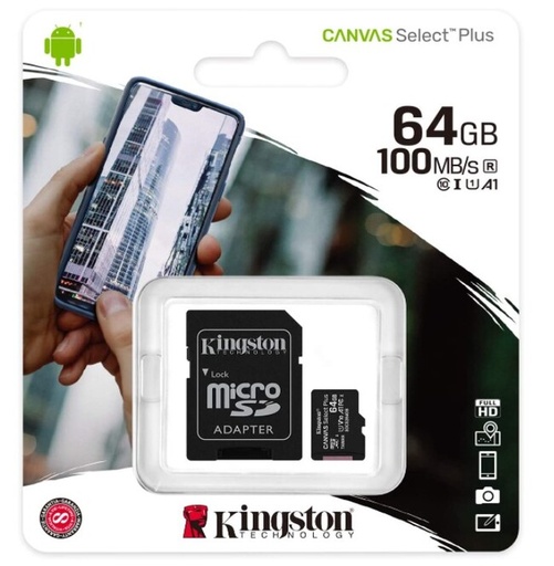 KINGSTON - TARJETA DE MEMORIA KINGSTON CANVAS SELECT PLUS 64GB MICROSD XC CON ADAPTADOR/ CLASE 10/ 100MBS